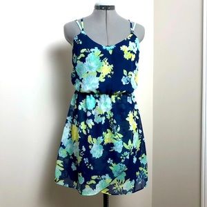 iZ Byer Navy Blue Floral Sleeveless Blouson Dress | Faux Wrap Mini Dress